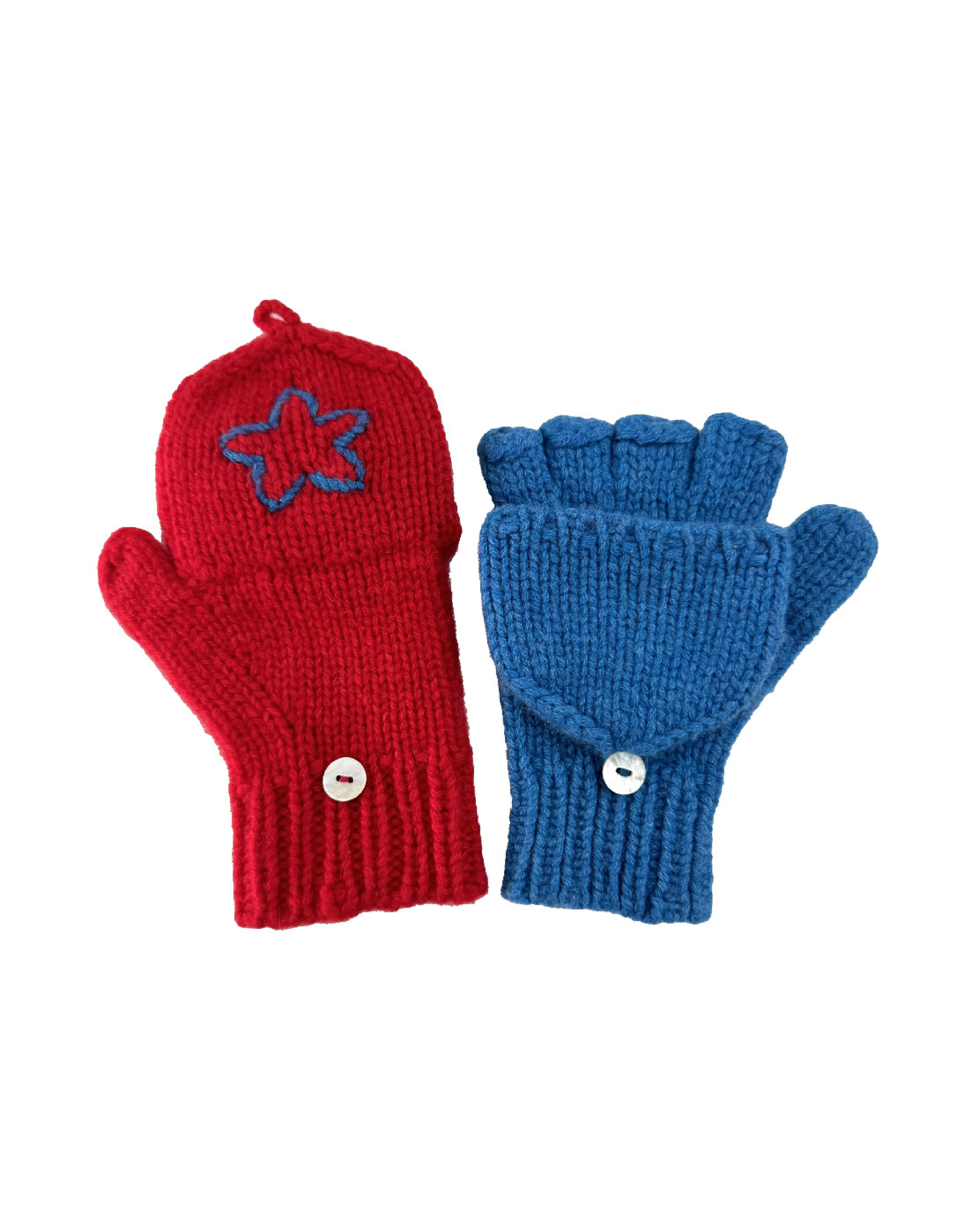 Kids Cashmere Hobo Gloves with stars in Red and Mykonos