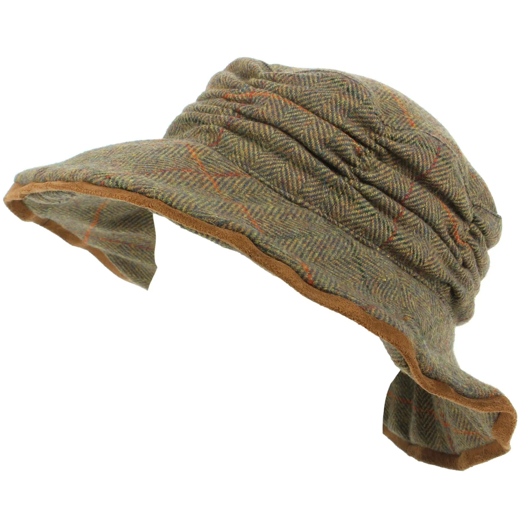 Ladies Wool Tweed Herringbone Cloche Hat - Light Brown