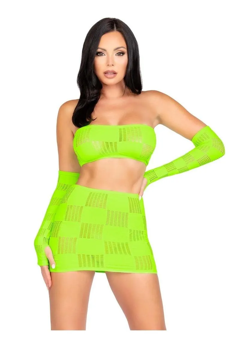 Leg Avenue Checkerboard Net and Opaque Bandeau Mini Skirt and Arm Warmers