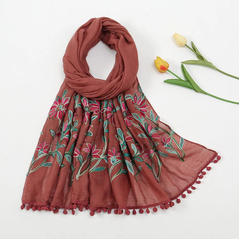 New Embroidered Furball Scarf, Cotton and Linen Shawl, Women's Ethnic Style Retro Style, with Spring and Autumn Scarf