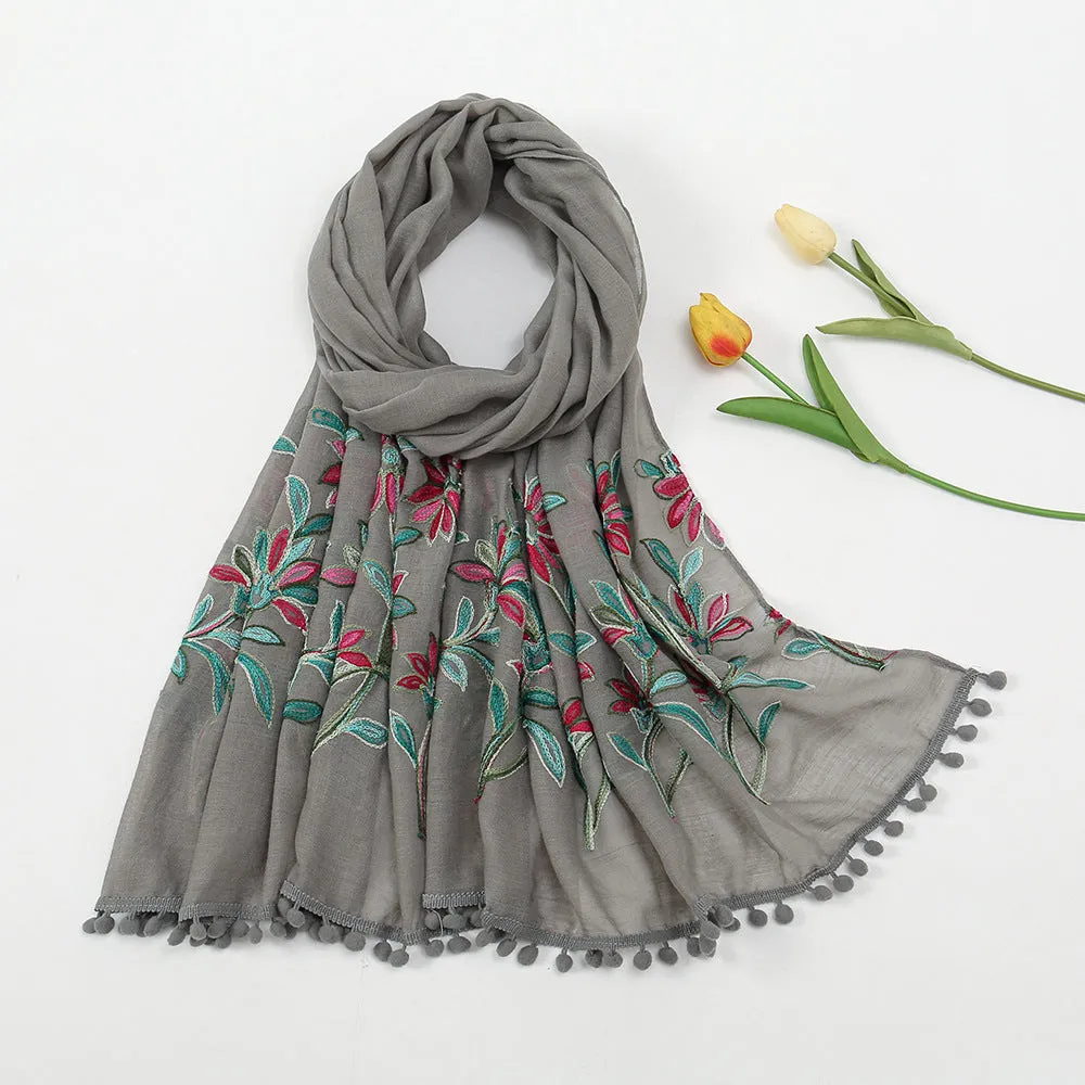 New Embroidered Furball Scarf, Cotton and Linen Shawl, Women's Ethnic Style Retro Style, with Spring and Autumn Scarf