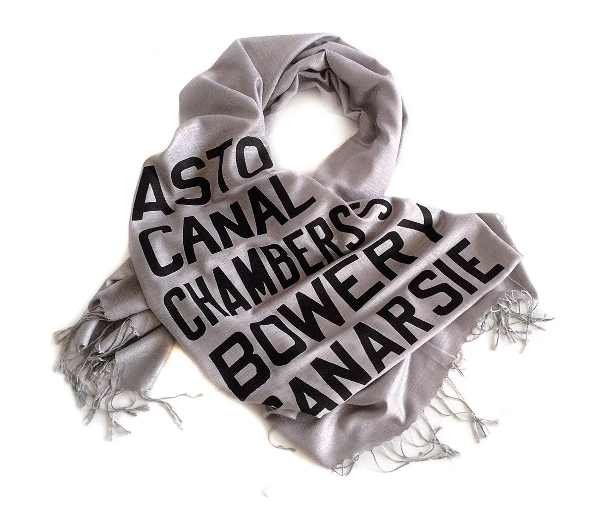 New York City Subway Scroll Sign Scarf. Astoria Queens linen-weave pashmina.