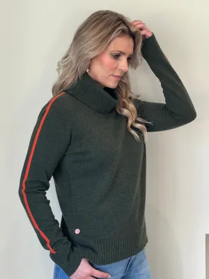 Olive green rib detail roll neck with orange stripe intarsia detail