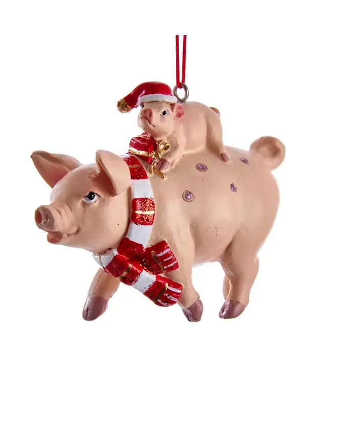 Pink Pig & Piglet Ornament Wearing Red Santa Hat & Scarf