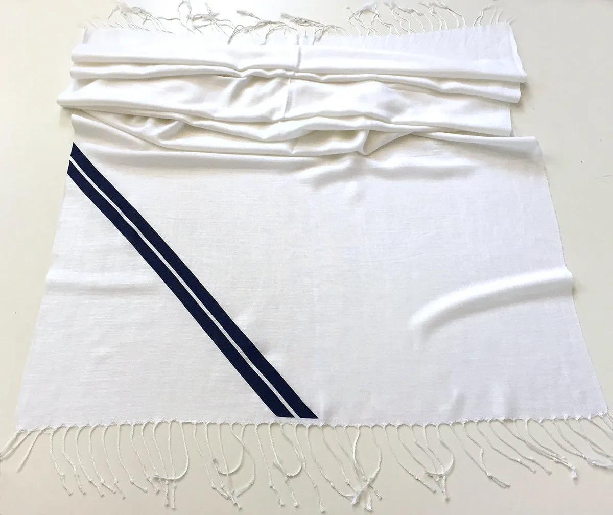 Racing Stripes: White & Blue Linen-Weave Pashmina