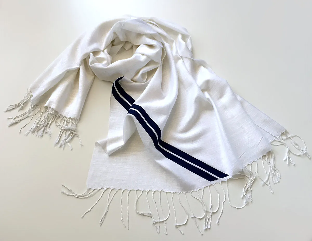 Racing Stripes: White & Blue Linen-Weave Pashmina