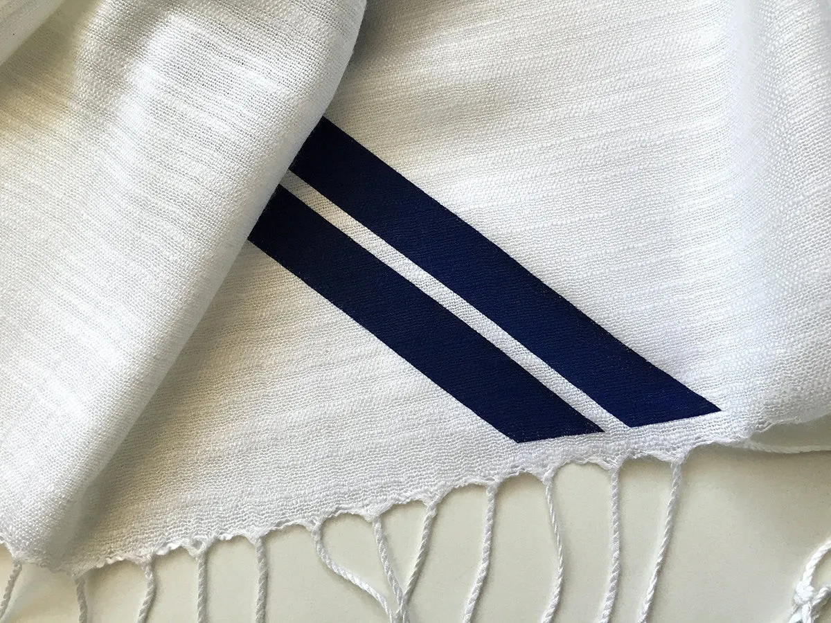 Racing Stripes: White & Blue Linen-Weave Pashmina