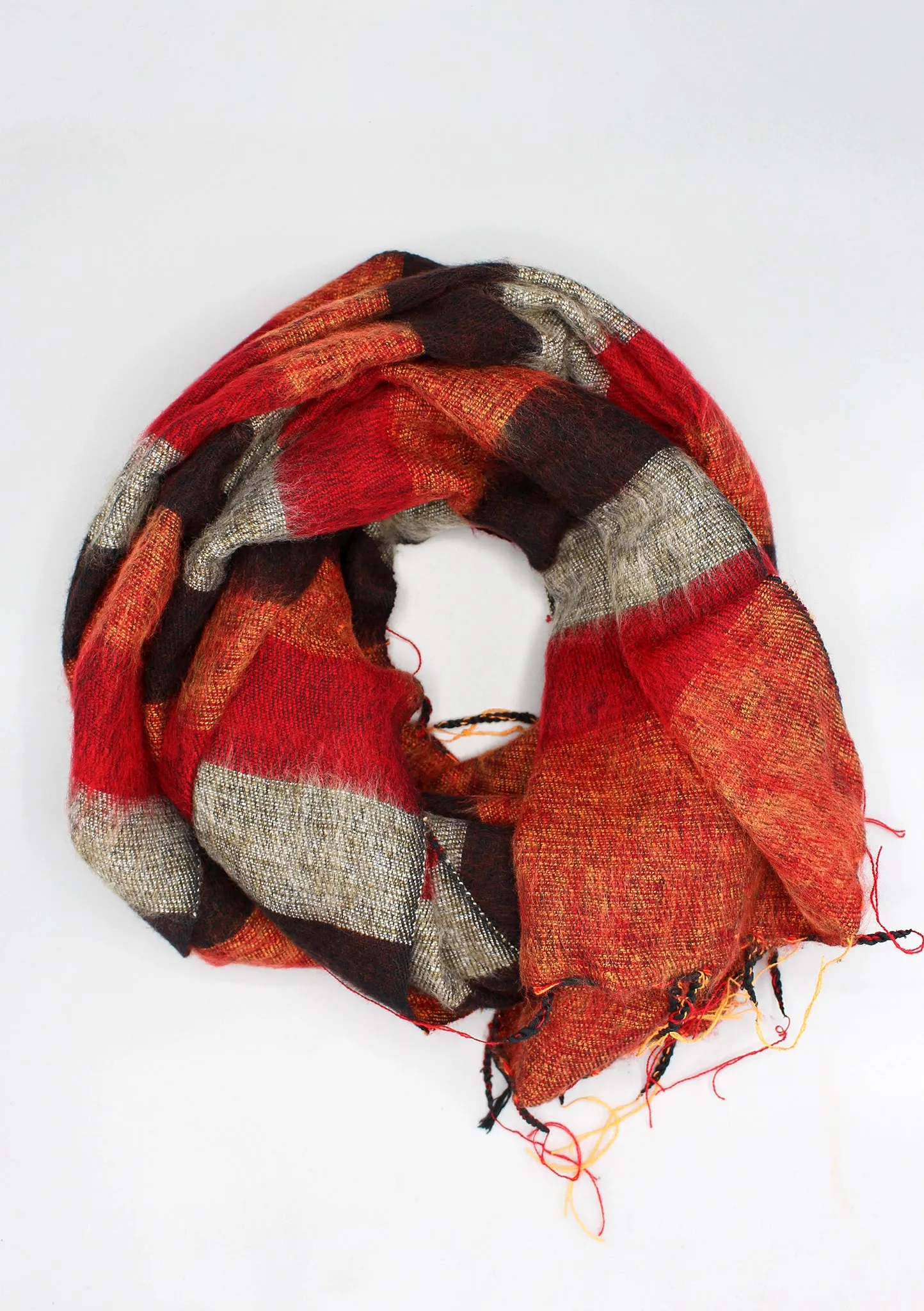 Red Brown Mix Stripe Hand-loomed Yak Wool Shawl