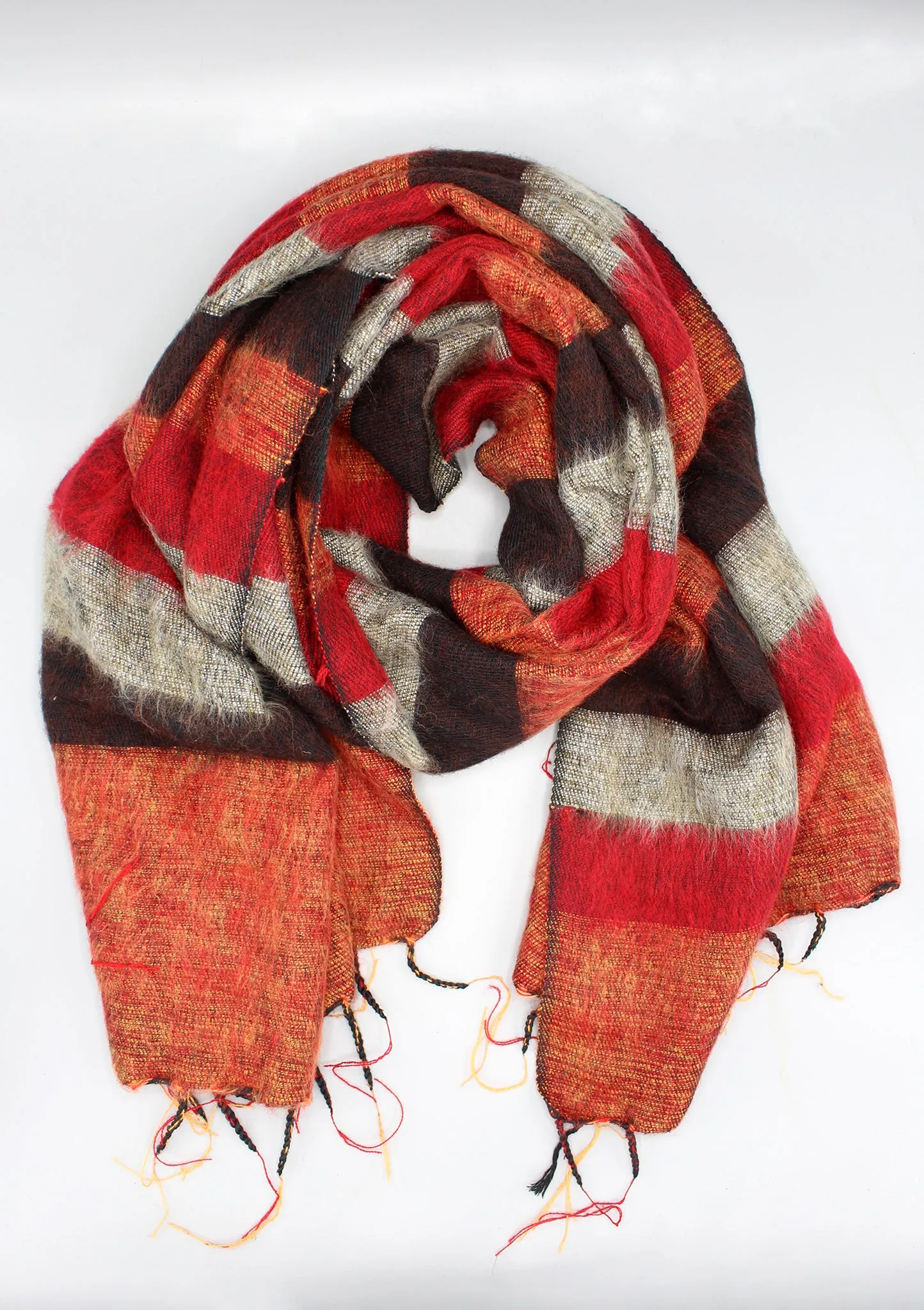 Red Brown Mix Stripe Hand-loomed Yak Wool Shawl