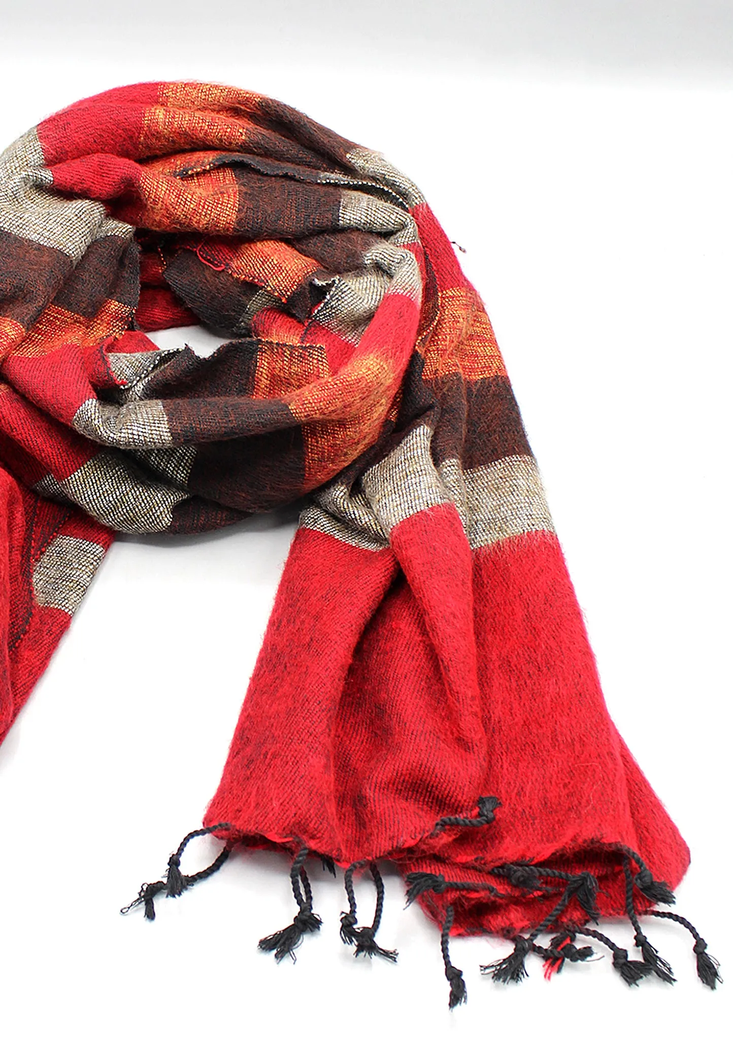 Red Brown Mix Stripe Hand-loomed Yak Wool Shawl