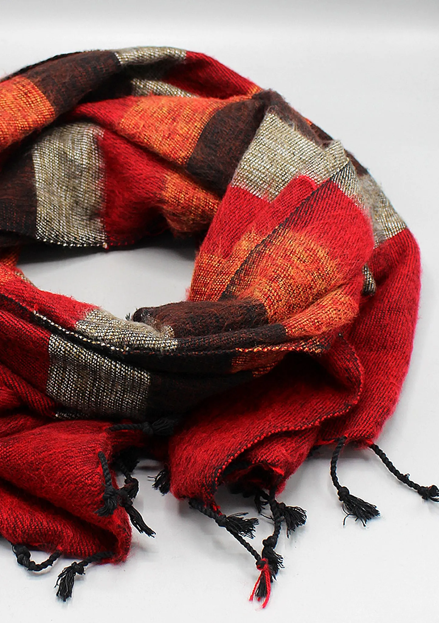 Red Brown Mix Stripe Hand-loomed Yak Wool Shawl