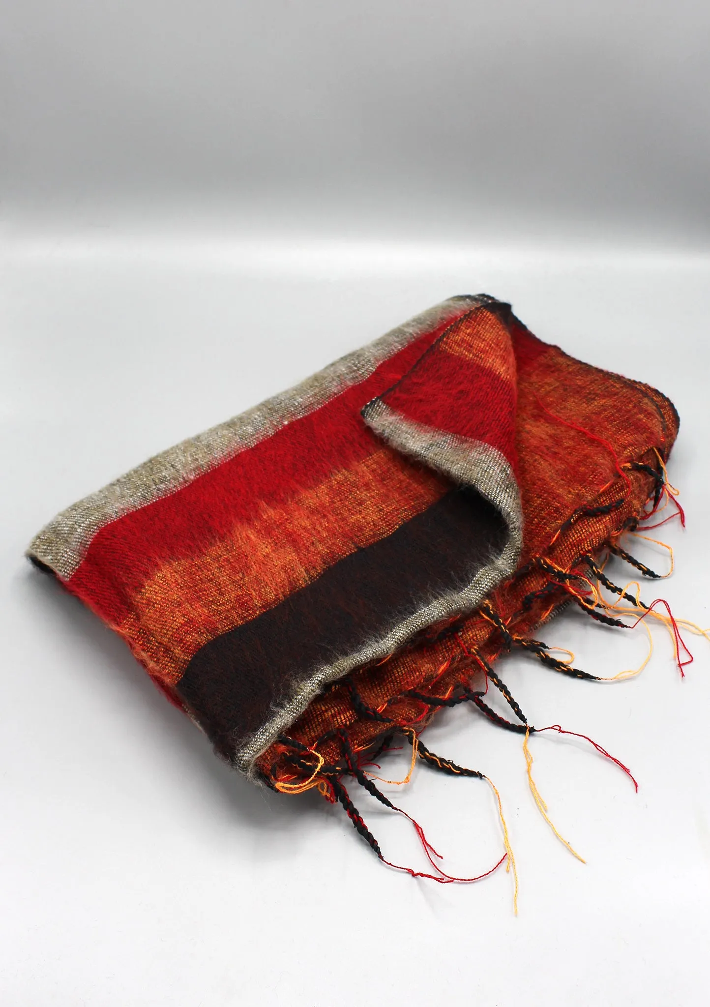 Red Brown Mix Stripe Hand-loomed Yak Wool Shawl