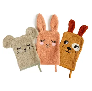 Roommate Baby Organic Wash Gloves 3 Pack - Bunny, Mouse & Dog