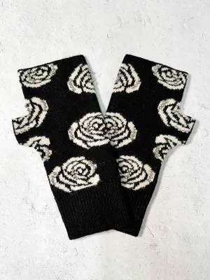 Rose Pattern Studded Fingerless Mittens, Black