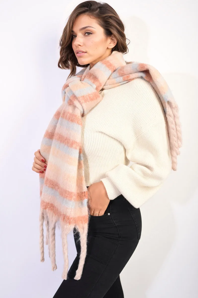 Striped Soft Comfortable Oversized Chunky Scarf With Tassel