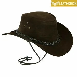 Suede Leather Cowboy Hat Threaded Braid Band Western Australian Style Outback Bush Hat Dark Brown