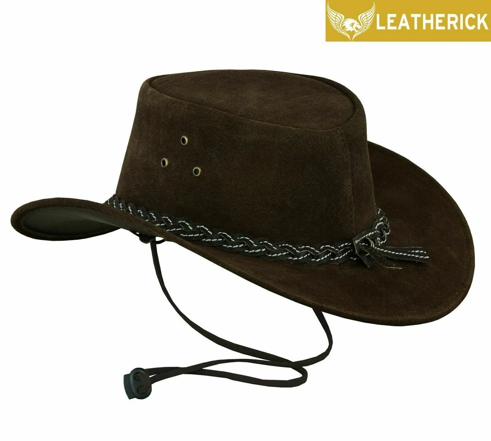 Suede Leather Cowboy Hat Threaded Braid Band Western Australian Style Outback Bush Hat Dark Brown