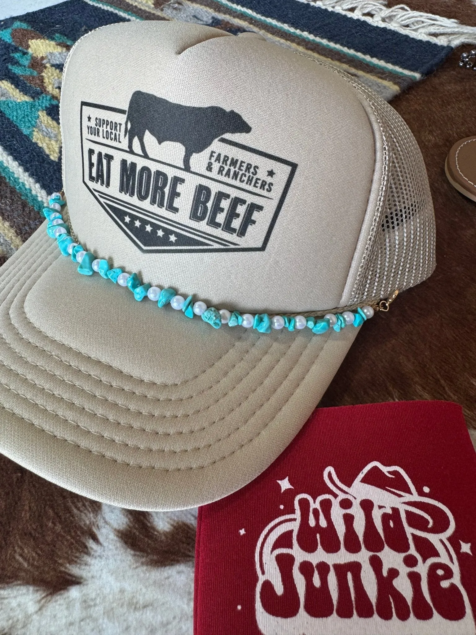 Turquoise and Faux Pearl Trucker Hat Chain