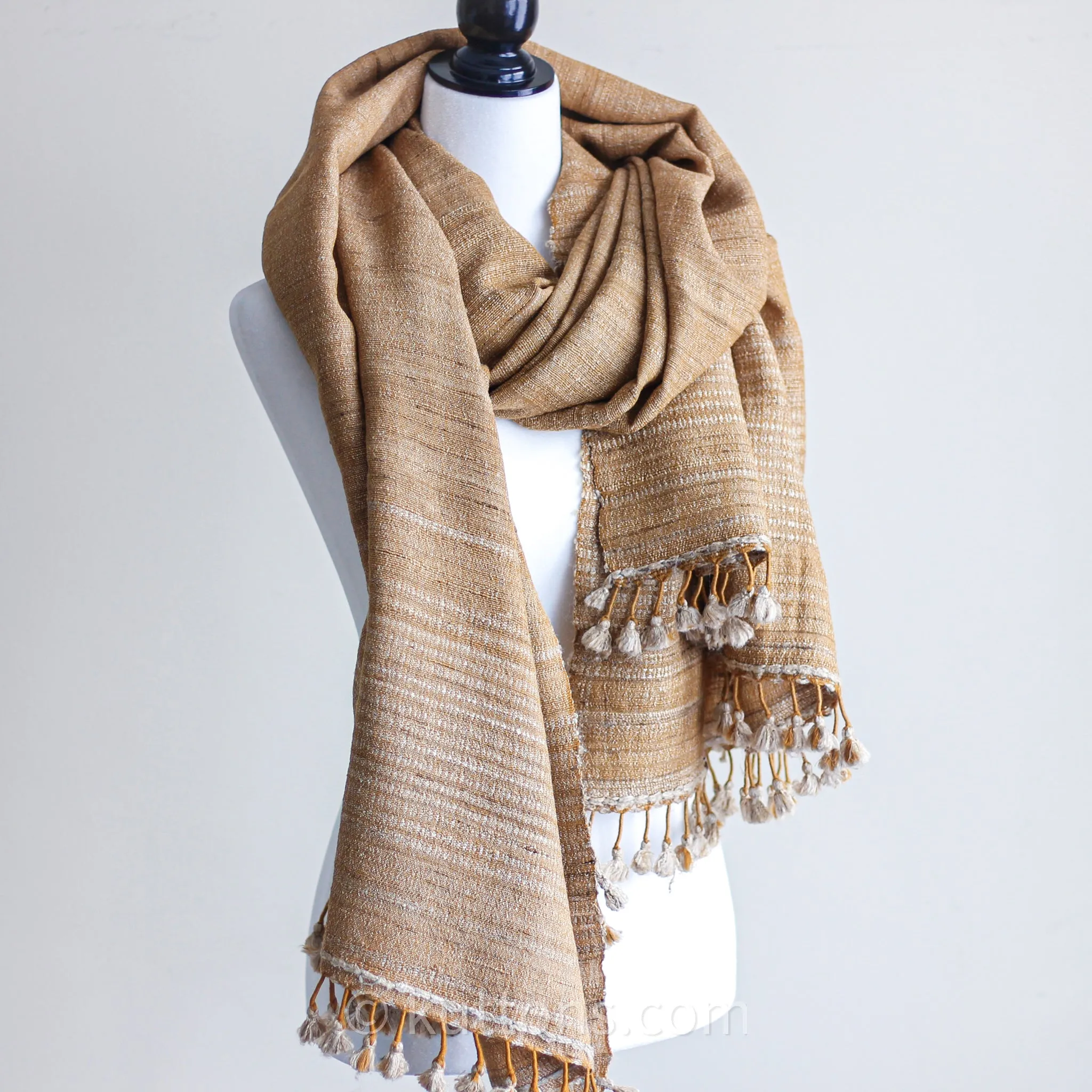 Tussar Silk & Merino Wool Shawl - Long Tassels | Handwoven Golden Wrap, 39x86"