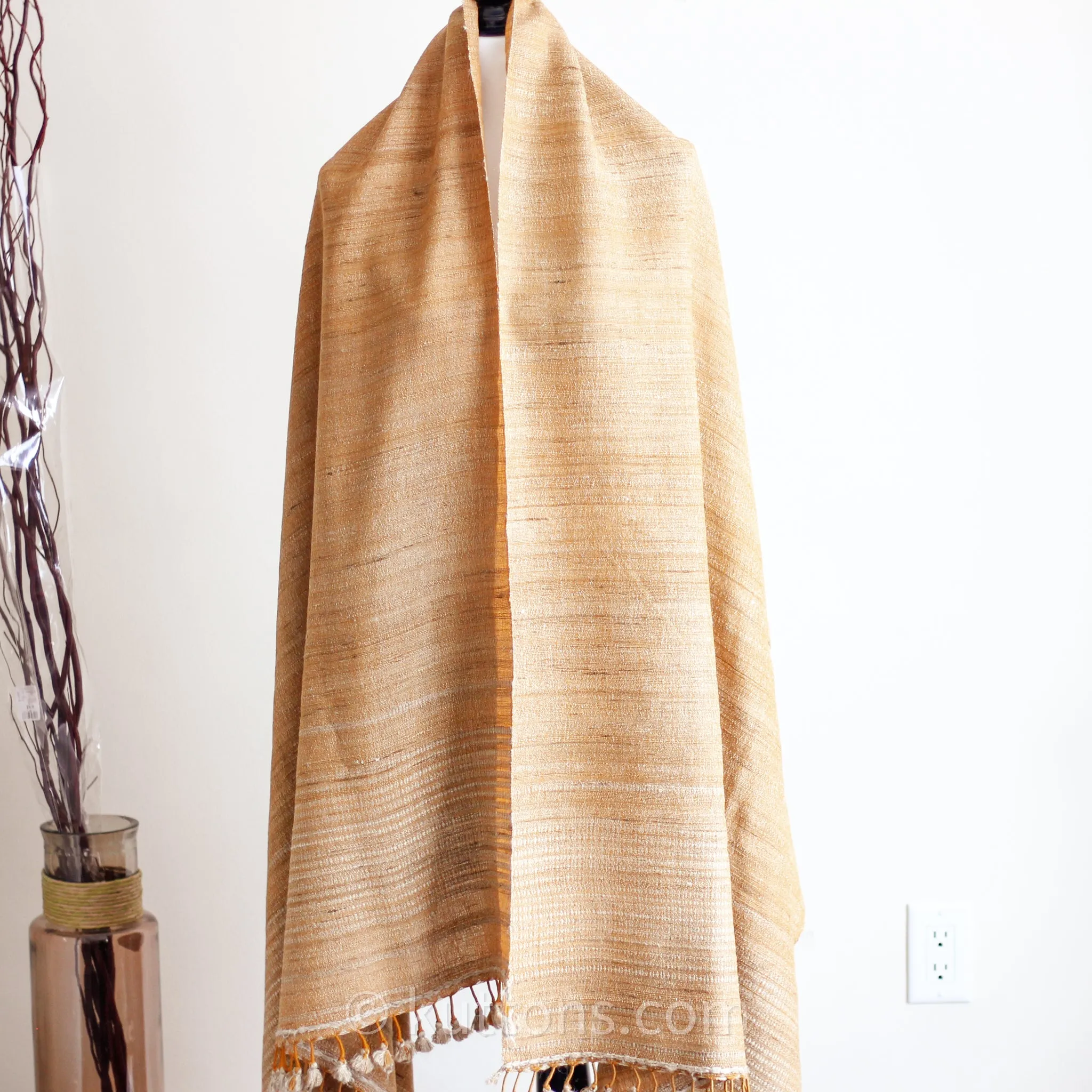 Tussar Silk & Merino Wool Shawl - Long Tassels | Handwoven Golden Wrap, 39x86"