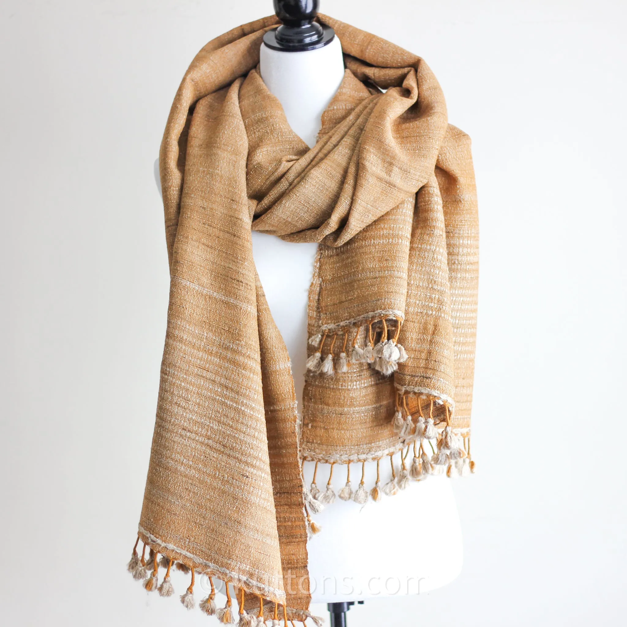 Tussar Silk & Merino Wool Shawl - Long Tassels | Handwoven Golden Wrap, 39x86"