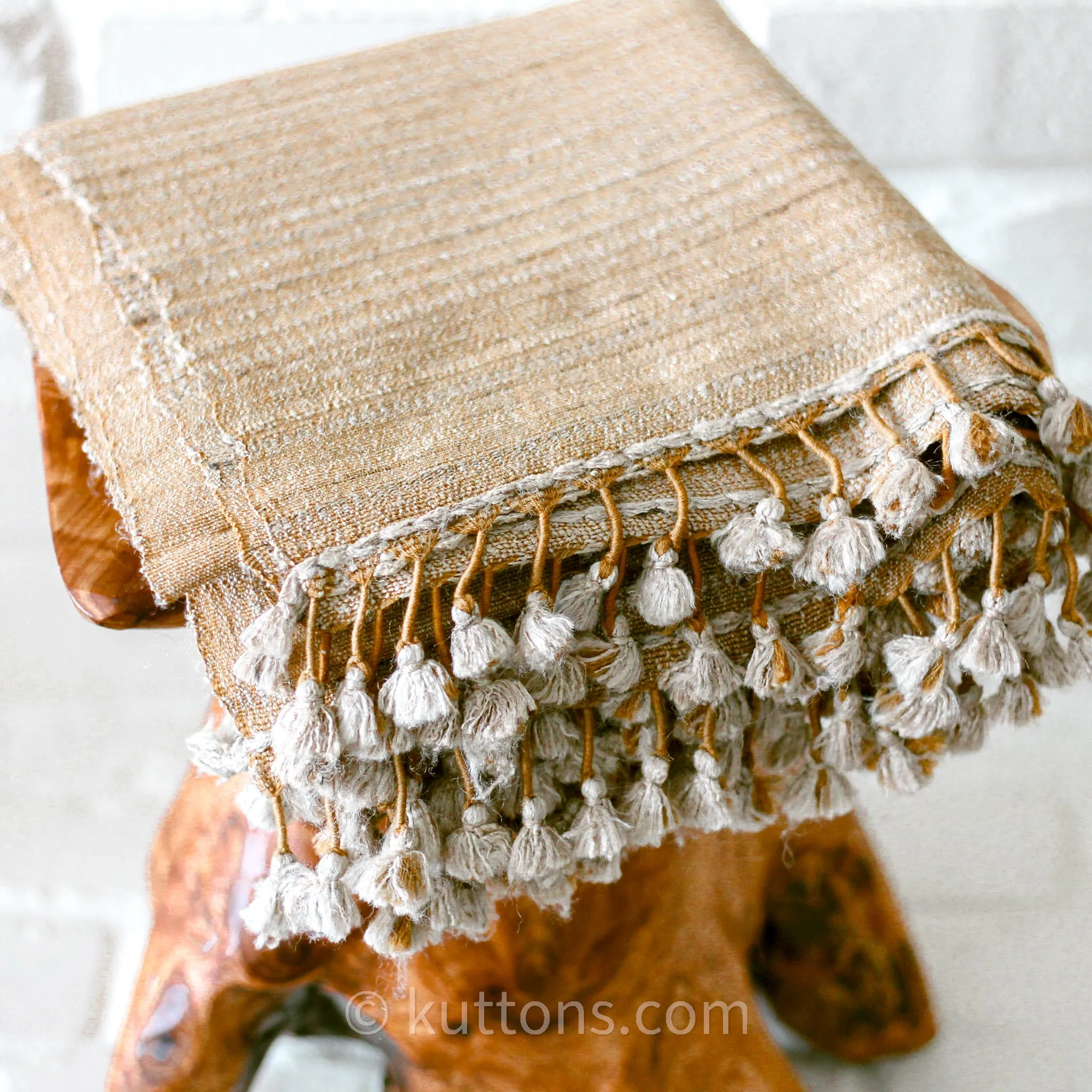 Tussar Silk & Merino Wool Shawl - Long Tassels | Handwoven Golden Wrap, 39x86"