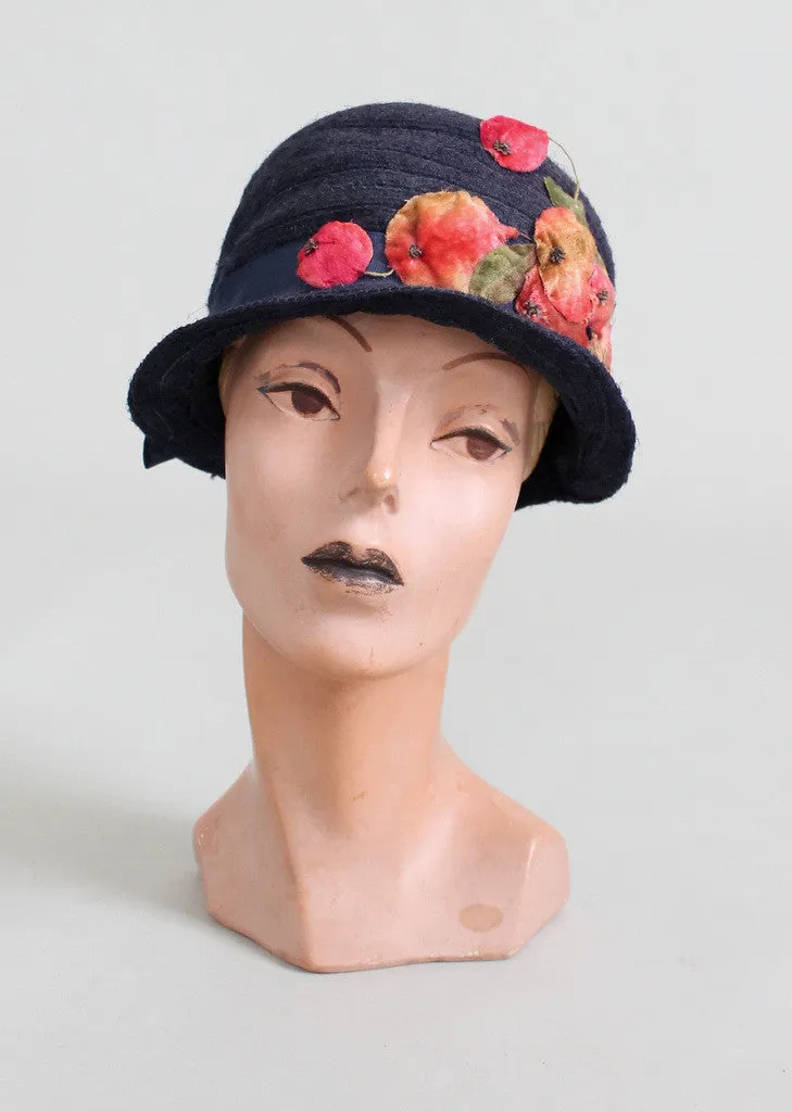 Vintage 1920s Navy and Pink Pomegranates Cloche Hat