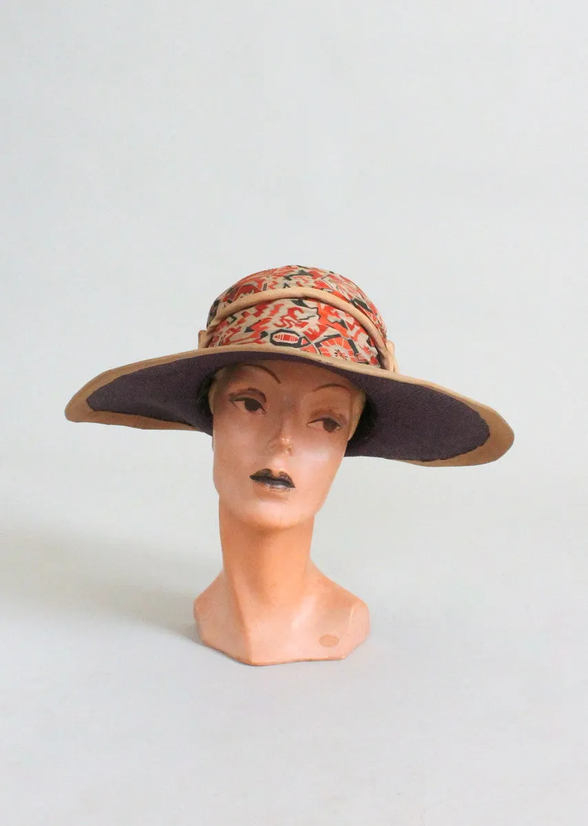 Vintage 1920s Purple Straw Wide Brim Cloche Hat