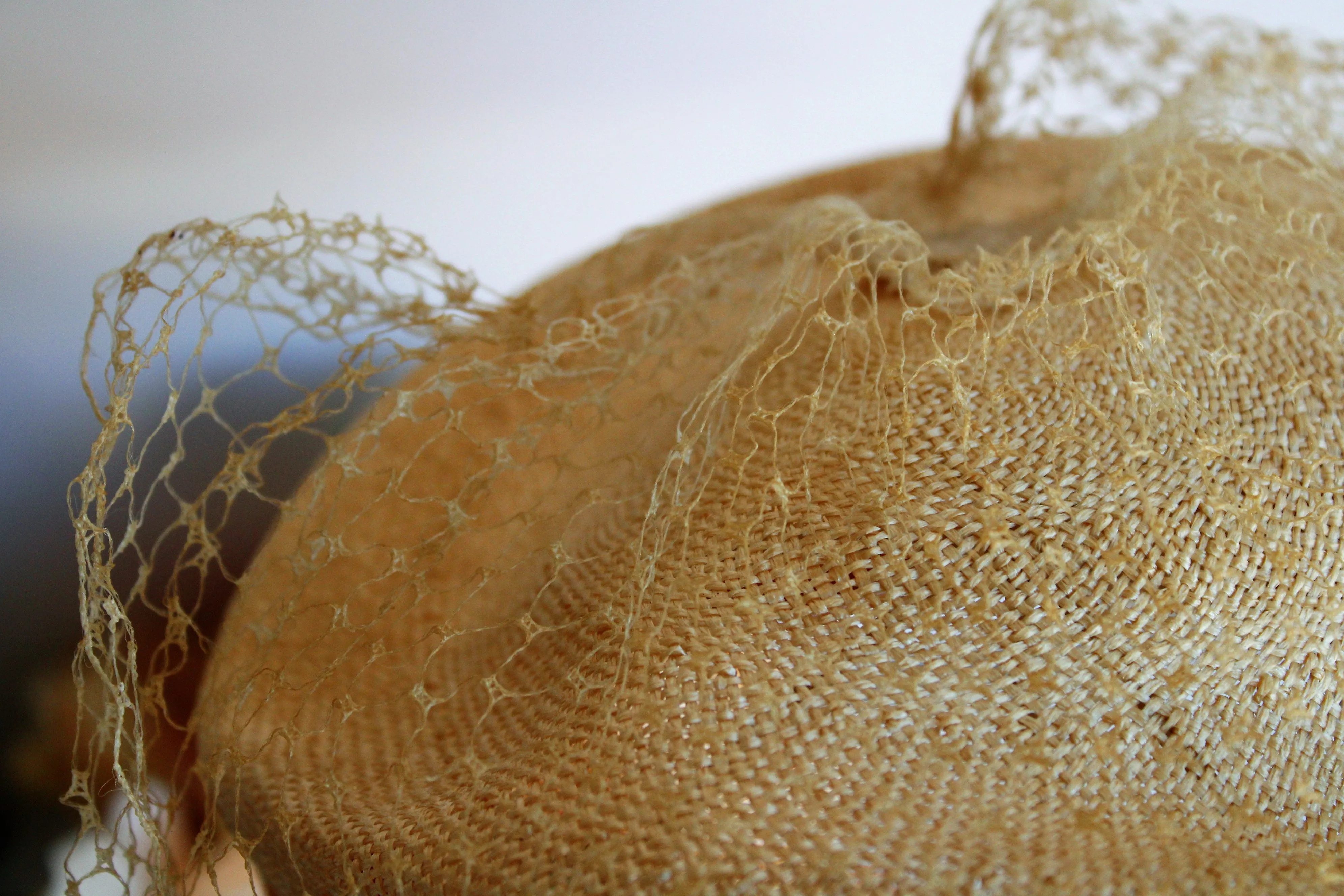 Vintage 1950s Straw Cloche Hat with Veil and Bow