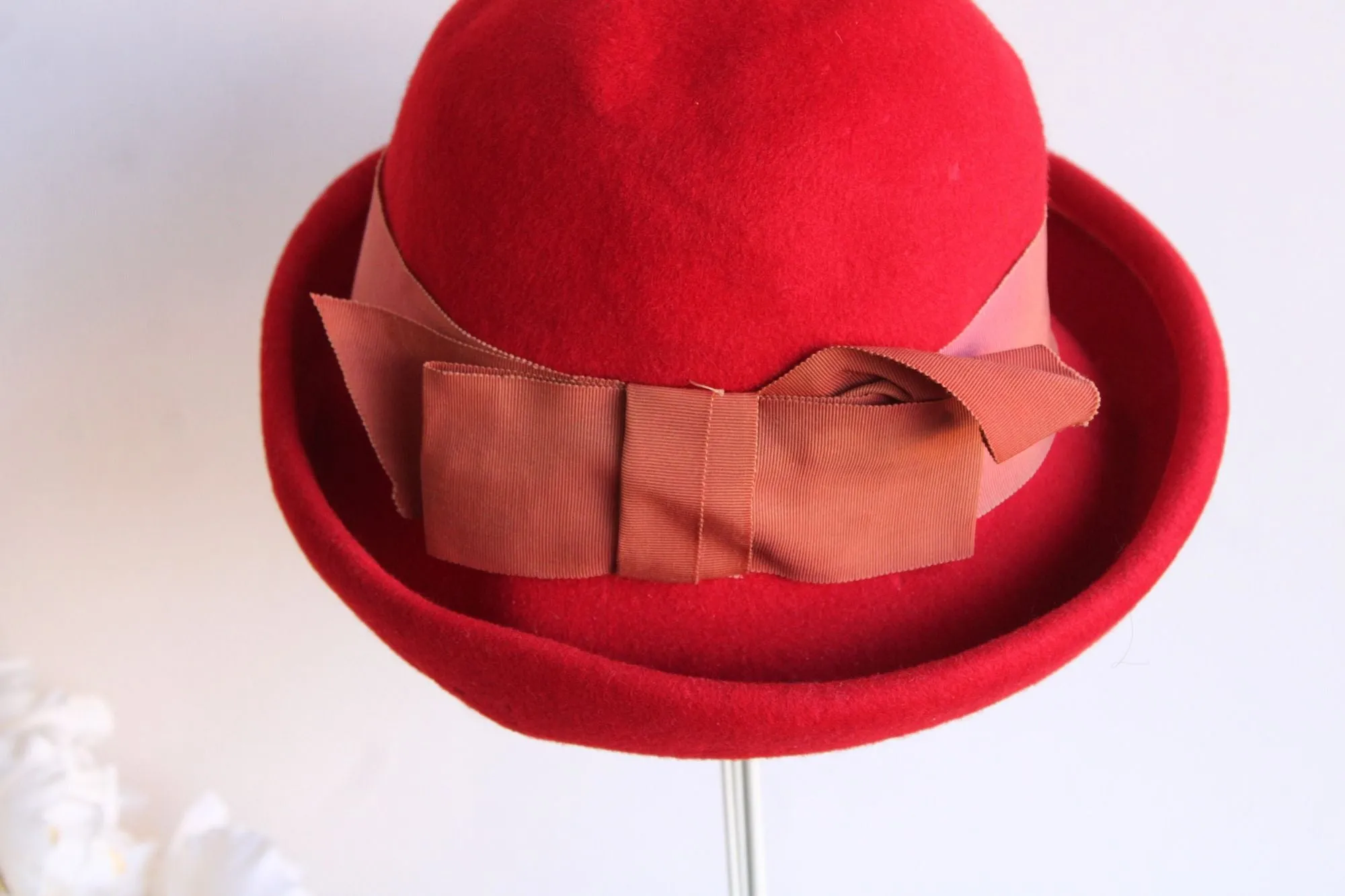 Vintage 1960s Milbrae Red Wool Bucket Hat with Grosgrain Ribbon Bow