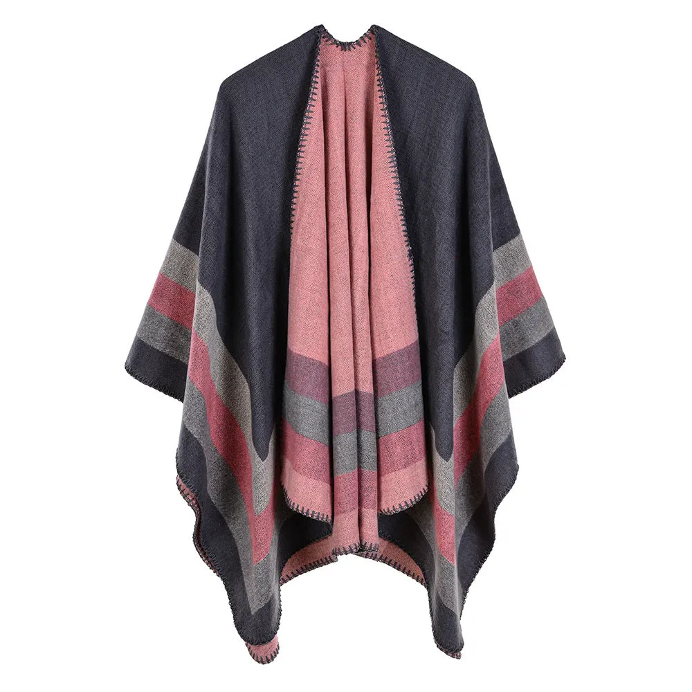 Women's four bar large frame split imitation cashmere jacquard cape cape