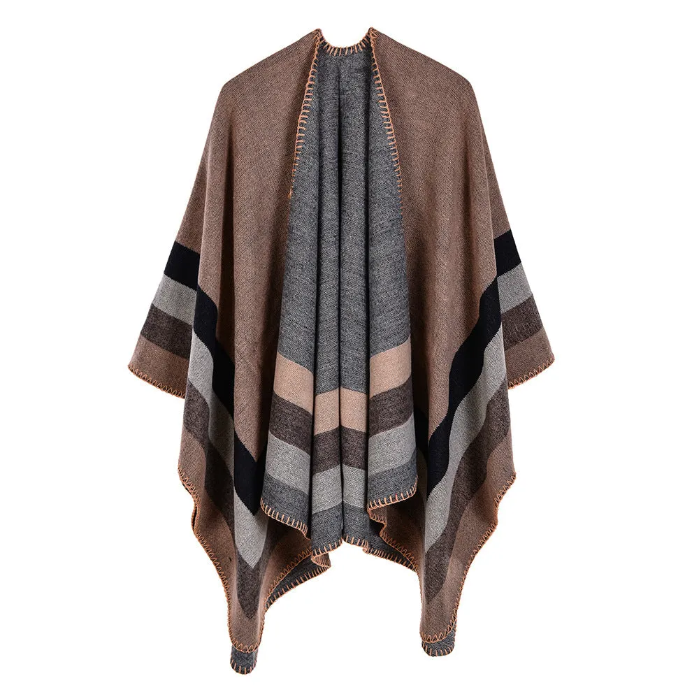 Women's four bar large frame split imitation cashmere jacquard cape cape