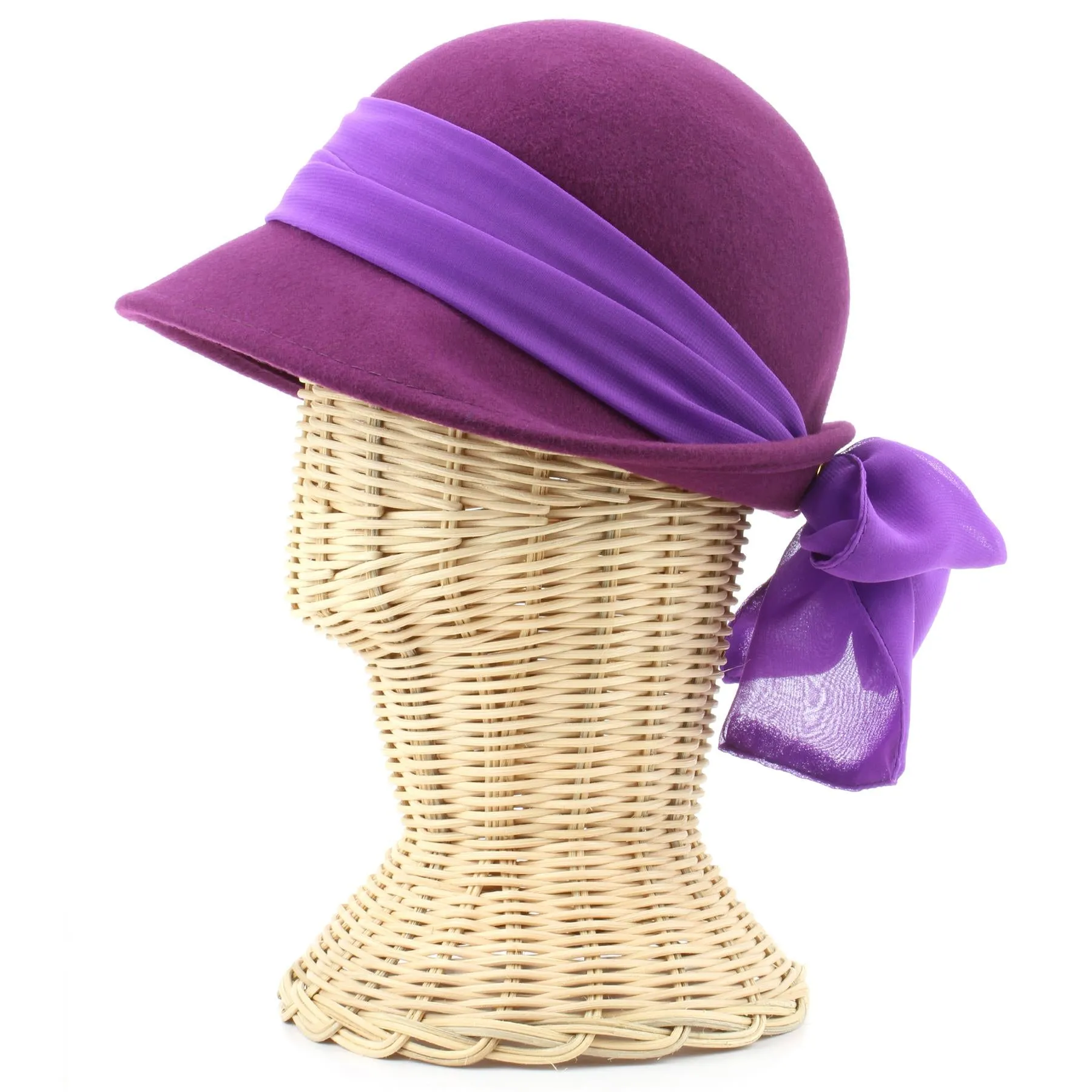 Wool felt cloche hat with wide chiffon band and bow - Purple (57cm)