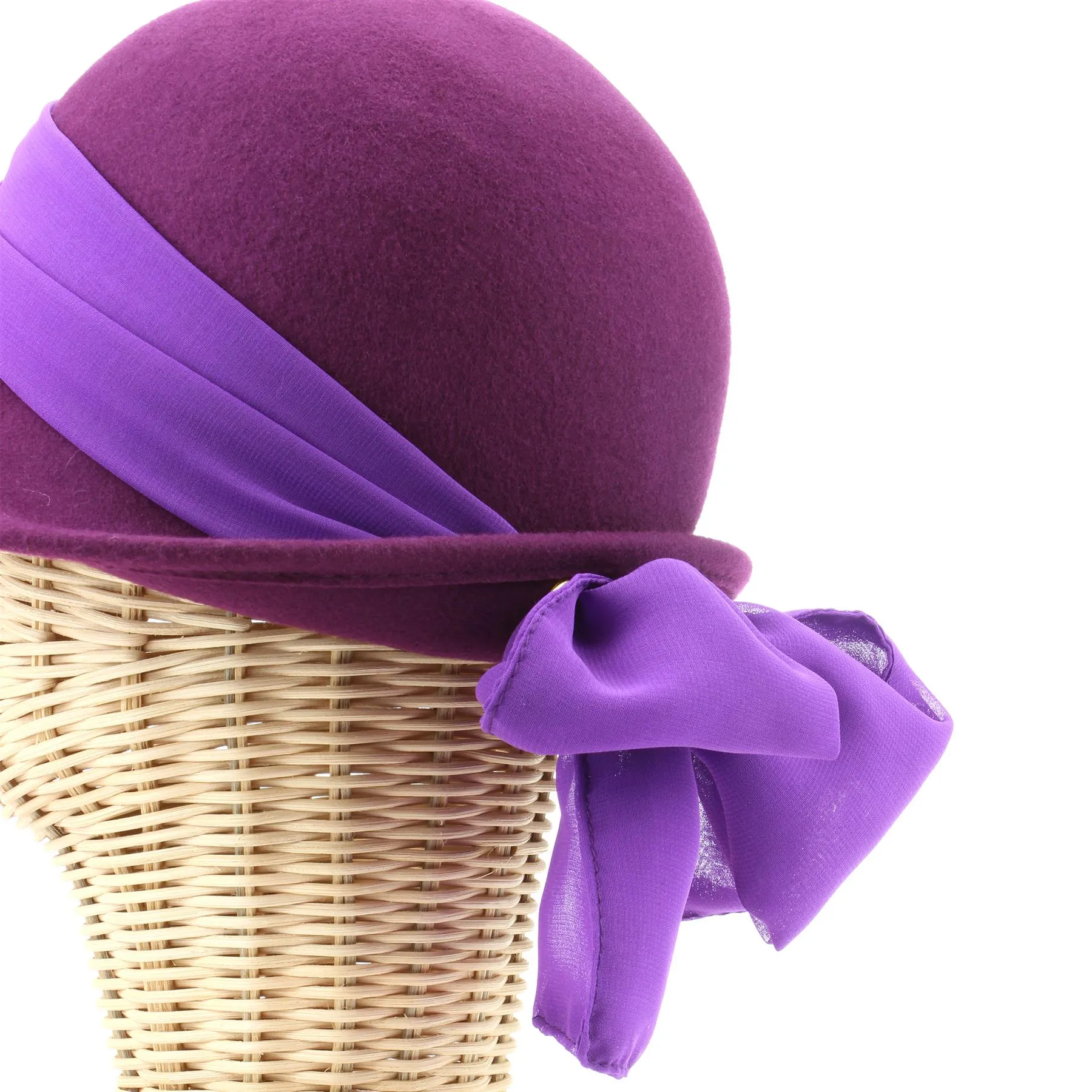 Wool felt cloche hat with wide chiffon band and bow - Purple (57cm)