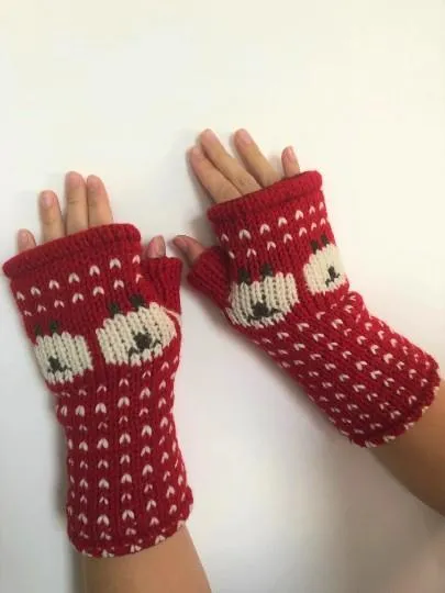 Wool Knit Fleece Lined  Wrist Warmers - Sheep Red