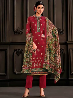 Wool Pashmina Maroon Unstitched Winter Ladies Suits Set